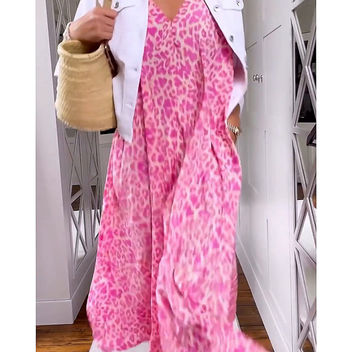 Robe Longue Femme à Imprimé Léopard | Col en V & Poches