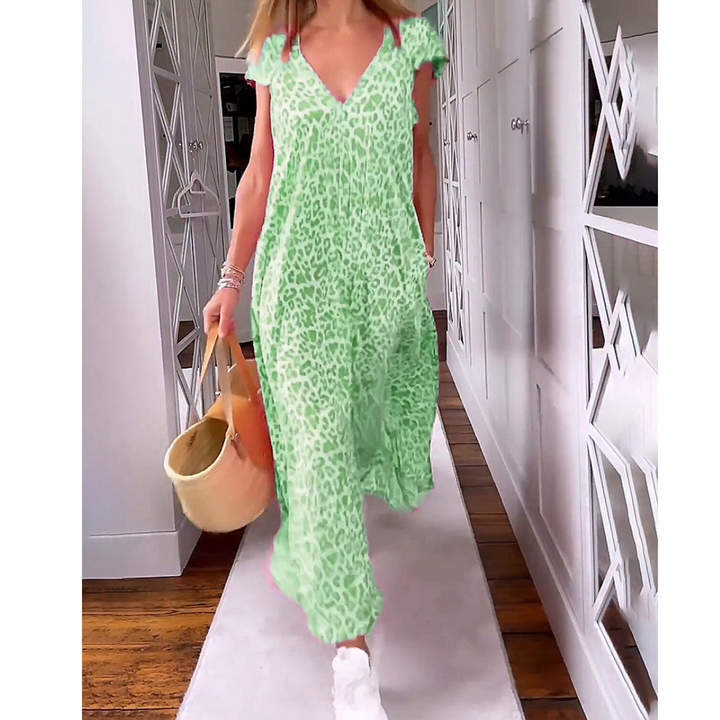 Robe Longue Femme à Imprimé Léopard | Col en V & Poches