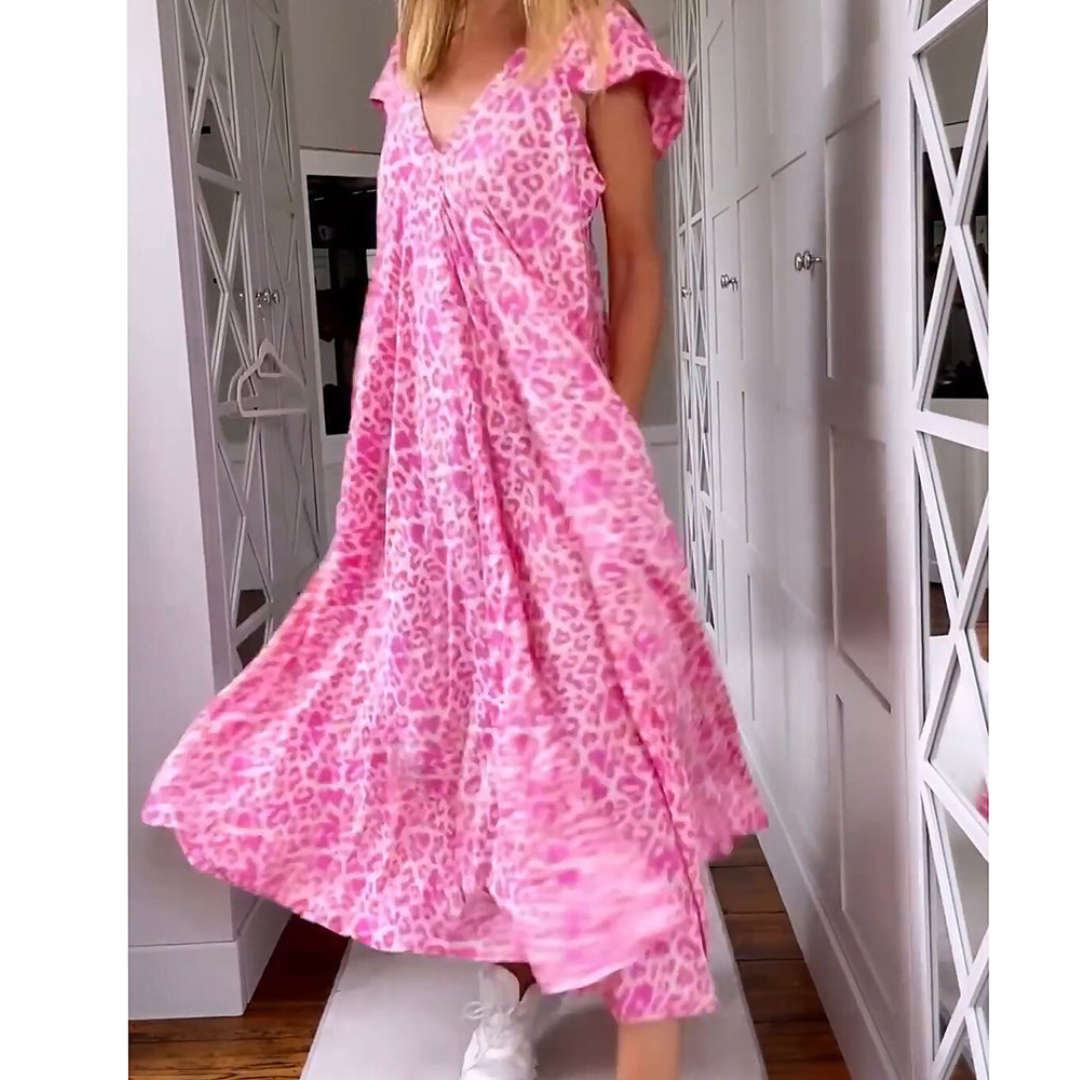 Robe Longue Femme à Imprimé Léopard | Col en V & Poches