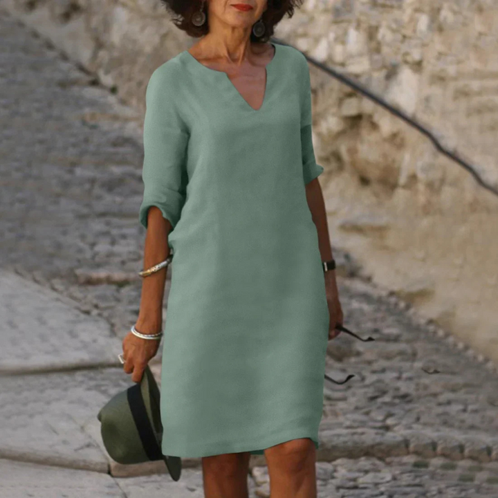 Women's V-Neck 3/4 Sleeve Dress | Knee Length 