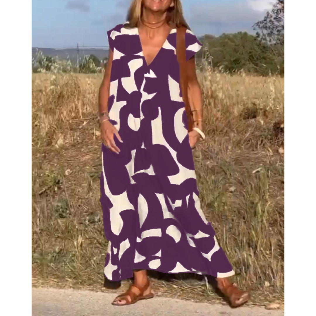 Robe Longue Femme Imprimée | Col en V & Coupe Évasée