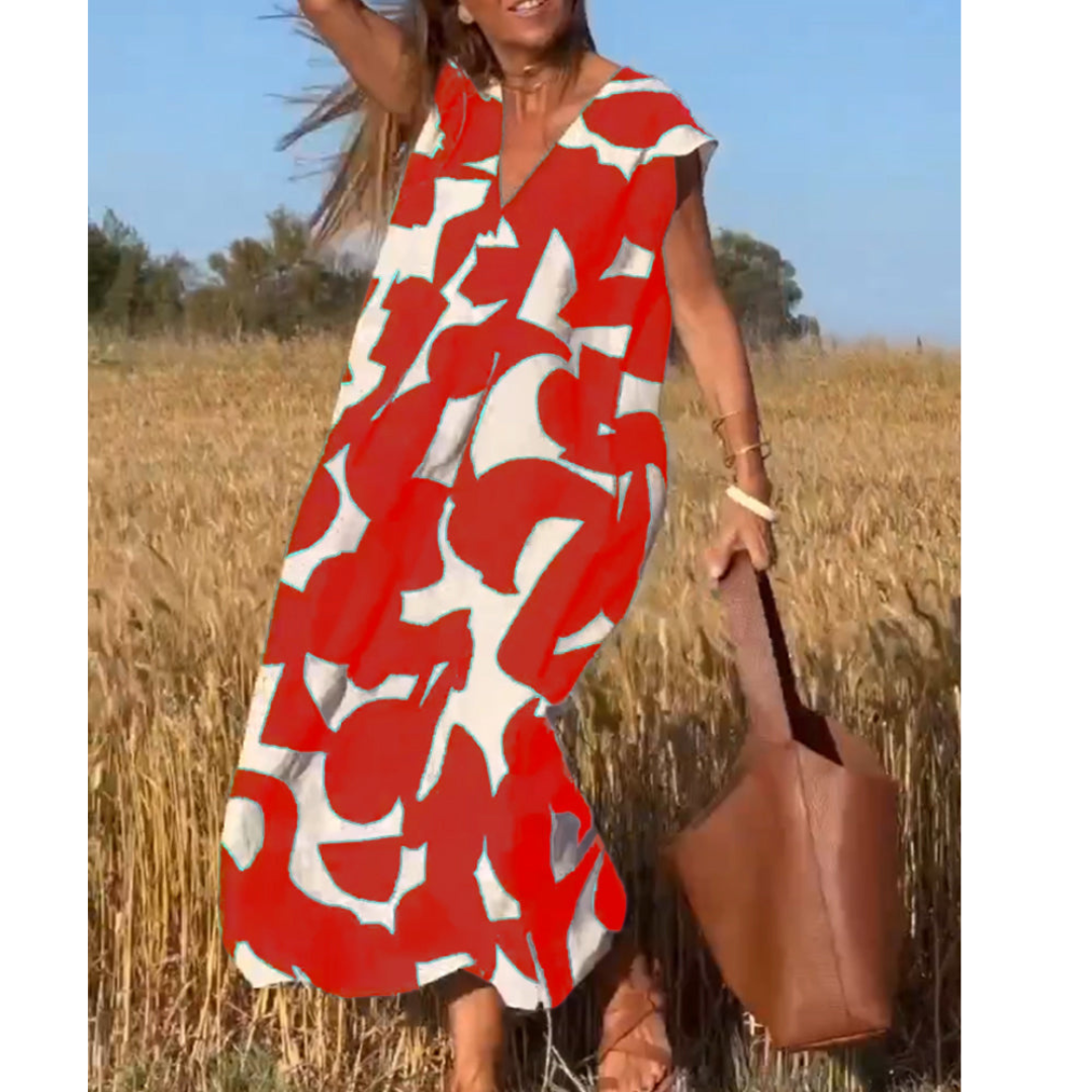 Robe Longue Femme Imprimée | Col en V & Coupe Évasée