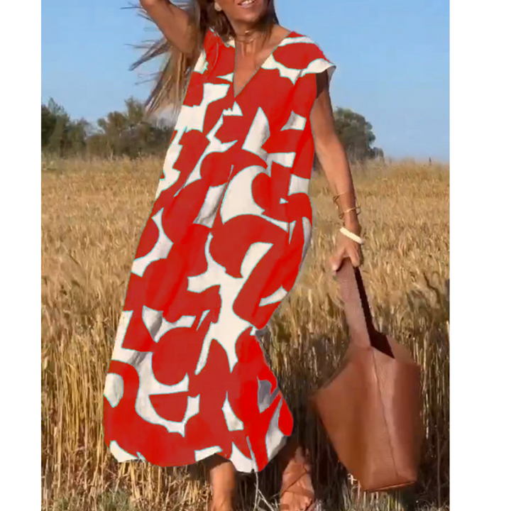 Robe Longue Femme Imprimée | Col en V & Coupe Évasée