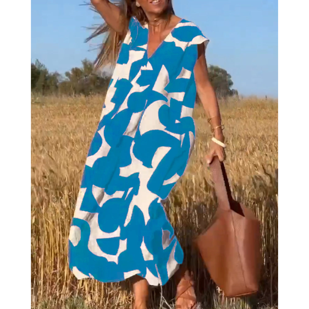 Robe Longue Femme Imprimée | Col en V & Coupe Évasée