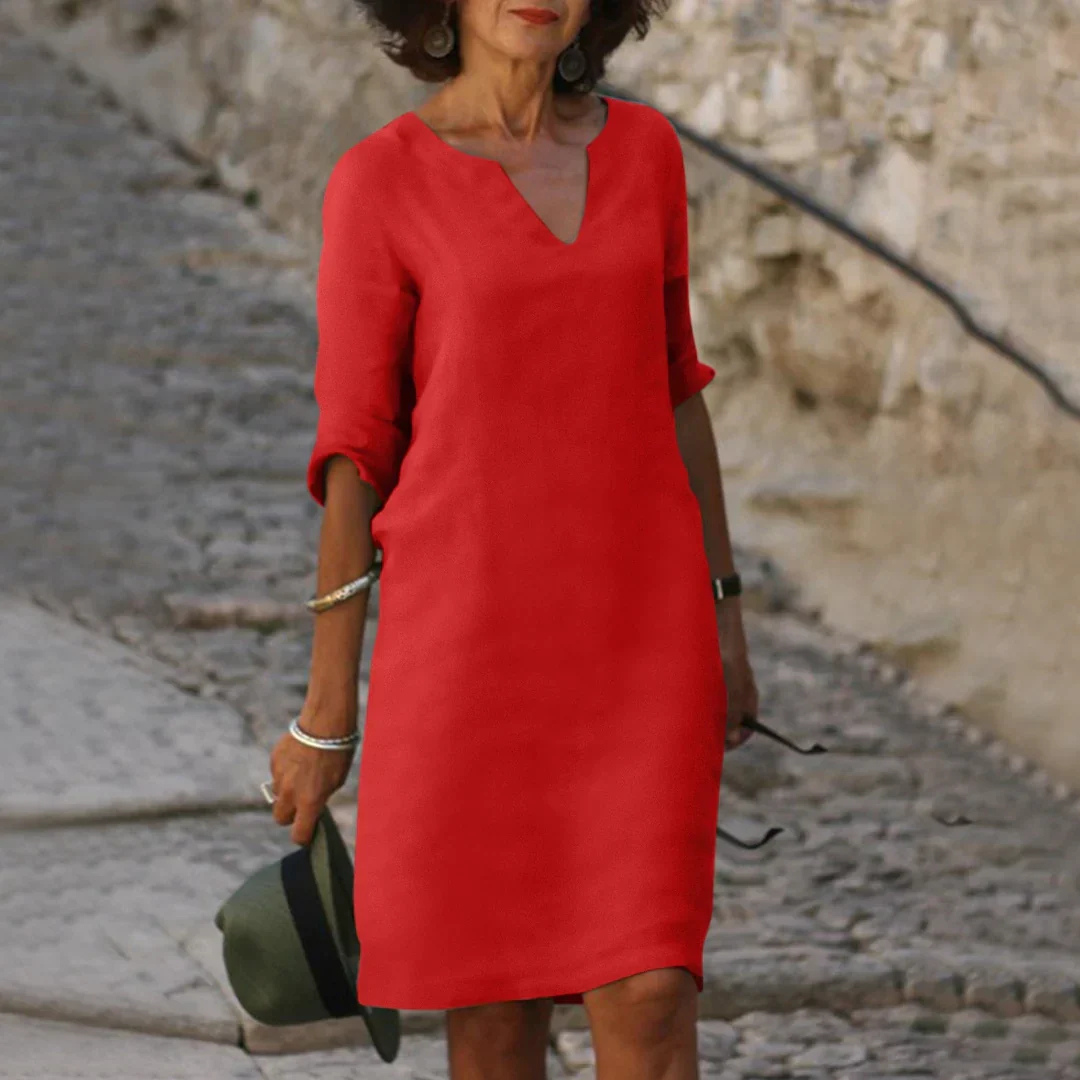Women's V-Neck 3/4 Sleeve Dress | Knee Length 