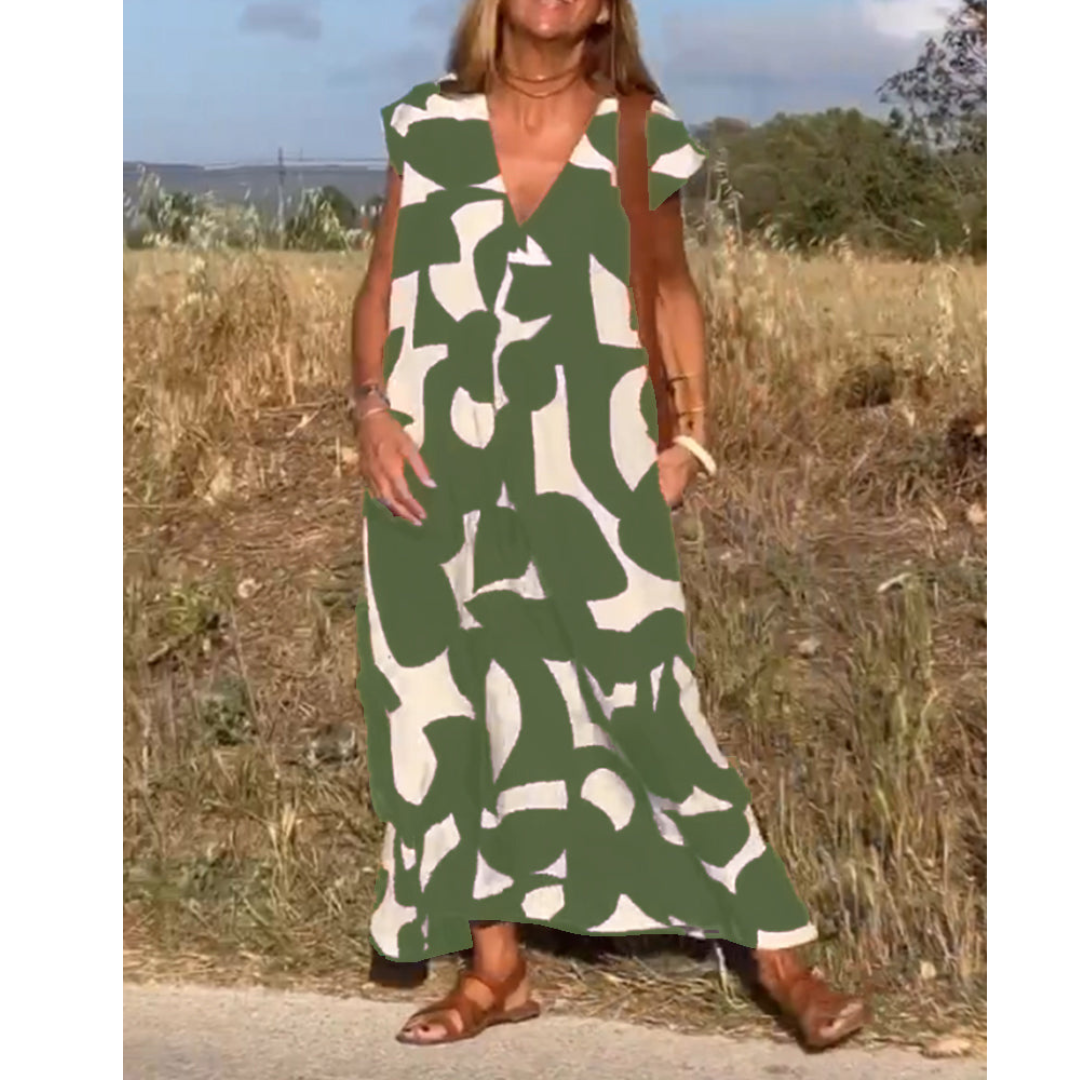 Robe Longue Femme Imprimée | Col en V & Coupe Évasée