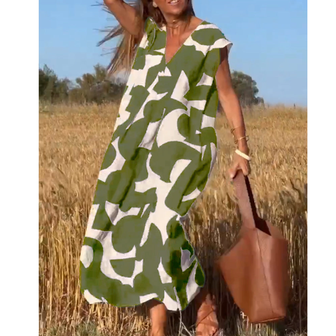 Robe Longue Femme Imprimée | Col en V & Coupe Évasée