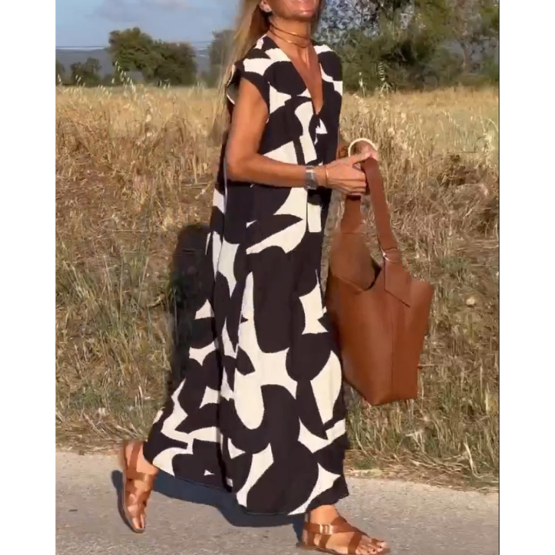 Robe Longue Femme Imprimée | Col en V & Coupe Évasée