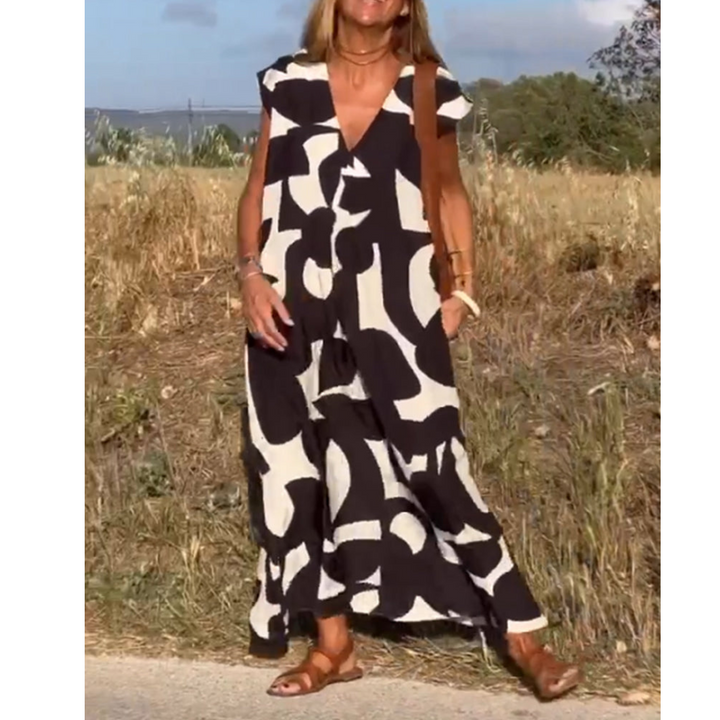 Robe Longue Femme Imprimée | Col en V & Coupe Évasée
