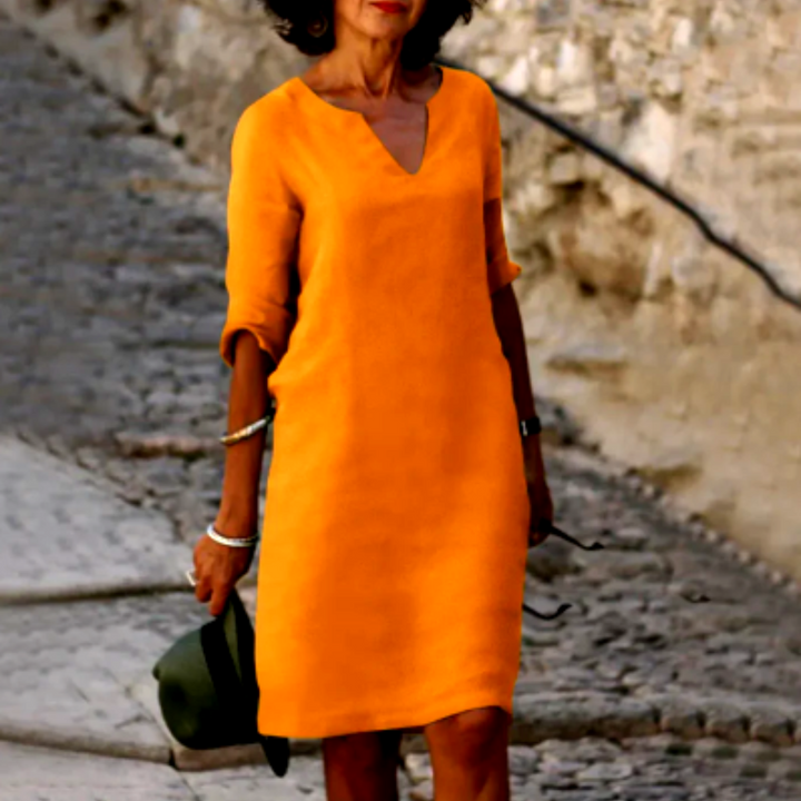 Women's V-Neck 3/4 Sleeve Dress | Knee Length 