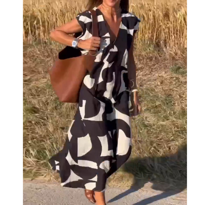 Robe Longue Femme Imprimée | Col en V & Coupe Évasée