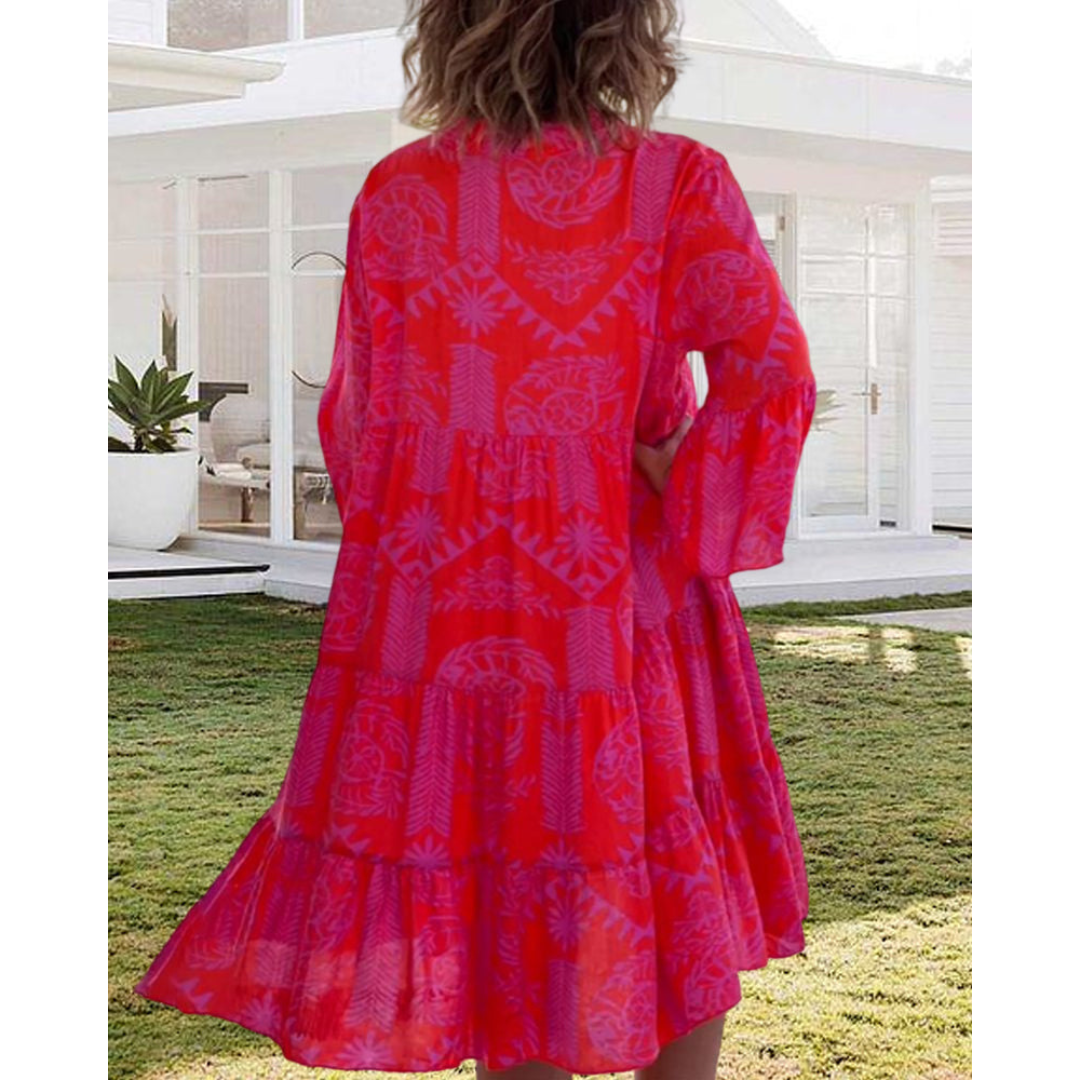 Robe Femme à Imprimé Géométrique | Col en V & Manches Évasées