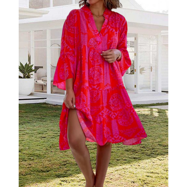 Robe Femme à Imprimé Géométrique | Col en V & Manches Évasées