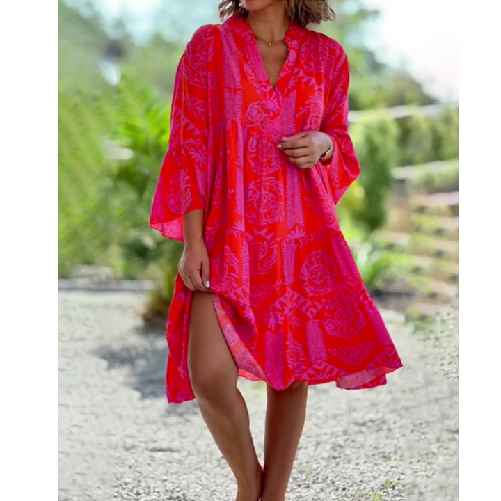 Robe Femme à Imprimé Géométrique | Col en V & Manches Évasées