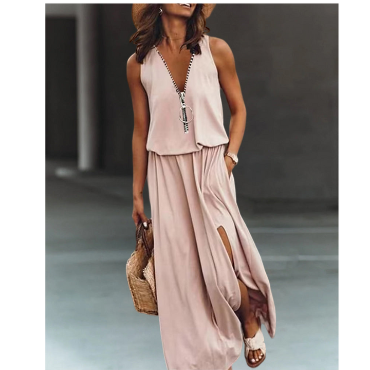 Robe Longue Femme Sans Manches | Col en V avec Fente & Fermetures