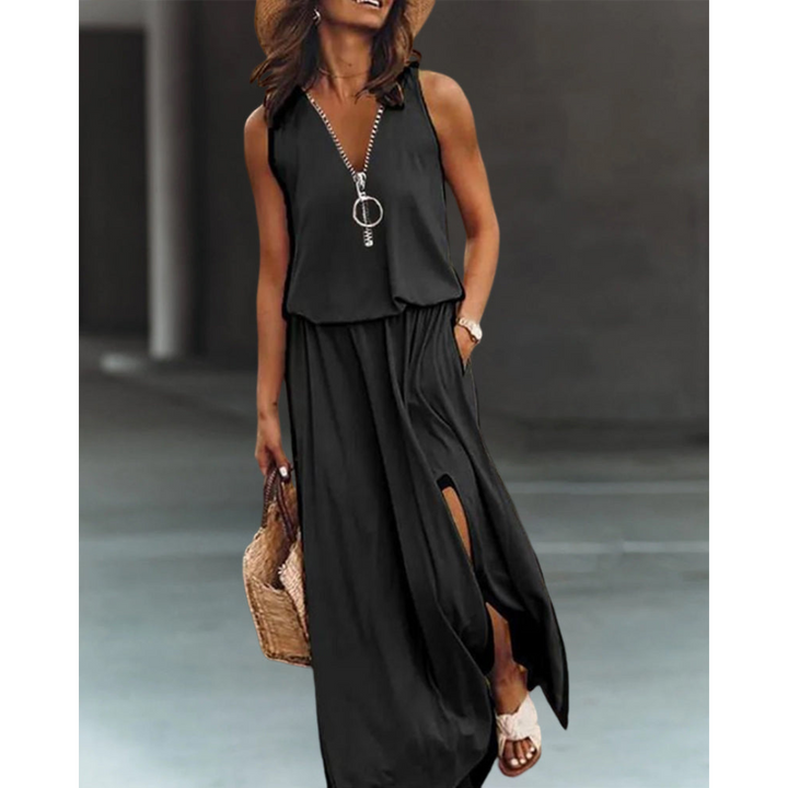 Robe Longue Femme Sans Manches | Col en V avec Fente & Fermetures