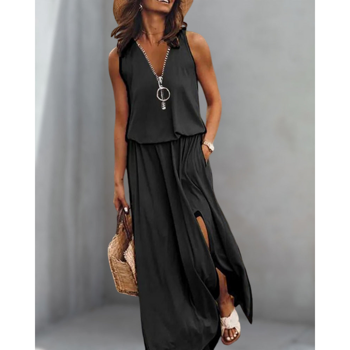 Robe Longue Femme Sans Manches | Col en V avec Fente & Fermetures