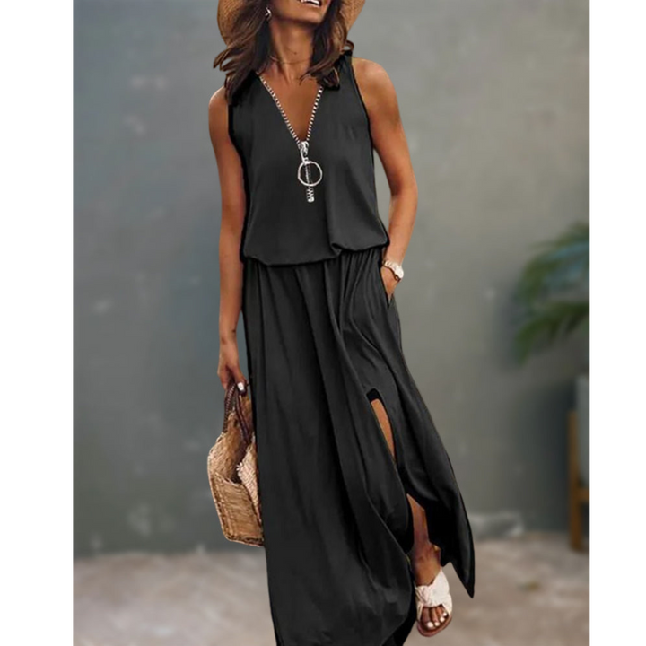 Robe Longue Femme Sans Manches | Col en V avec Fente & Fermetures