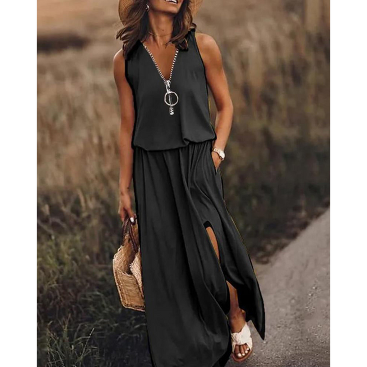 Robe Longue Femme Sans Manches | Col en V avec Fente & Fermetures