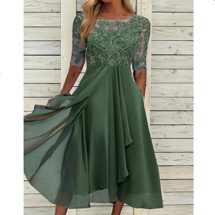 Robe de cocktail Élégante en Chiffon & Dentelle pour femme | Midi