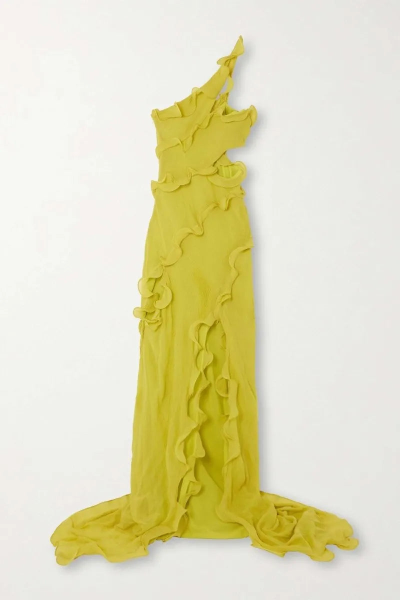Robe Gloria en Chiffon à Volants et Épaule Dénudée
