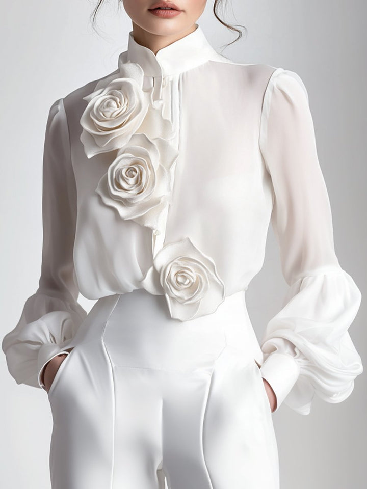 Chemisier Blanc Élégant | Détails de Roses 3D