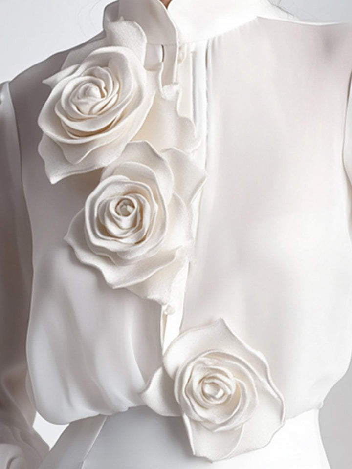 Chemisier Blanc Élégant | Détails de Roses 3D