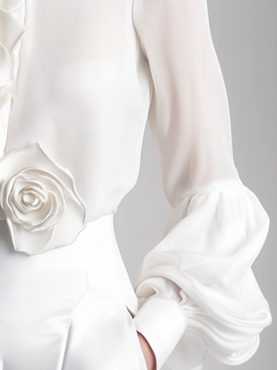 Chemisier Blanc Élégant | Détails de Roses 3D