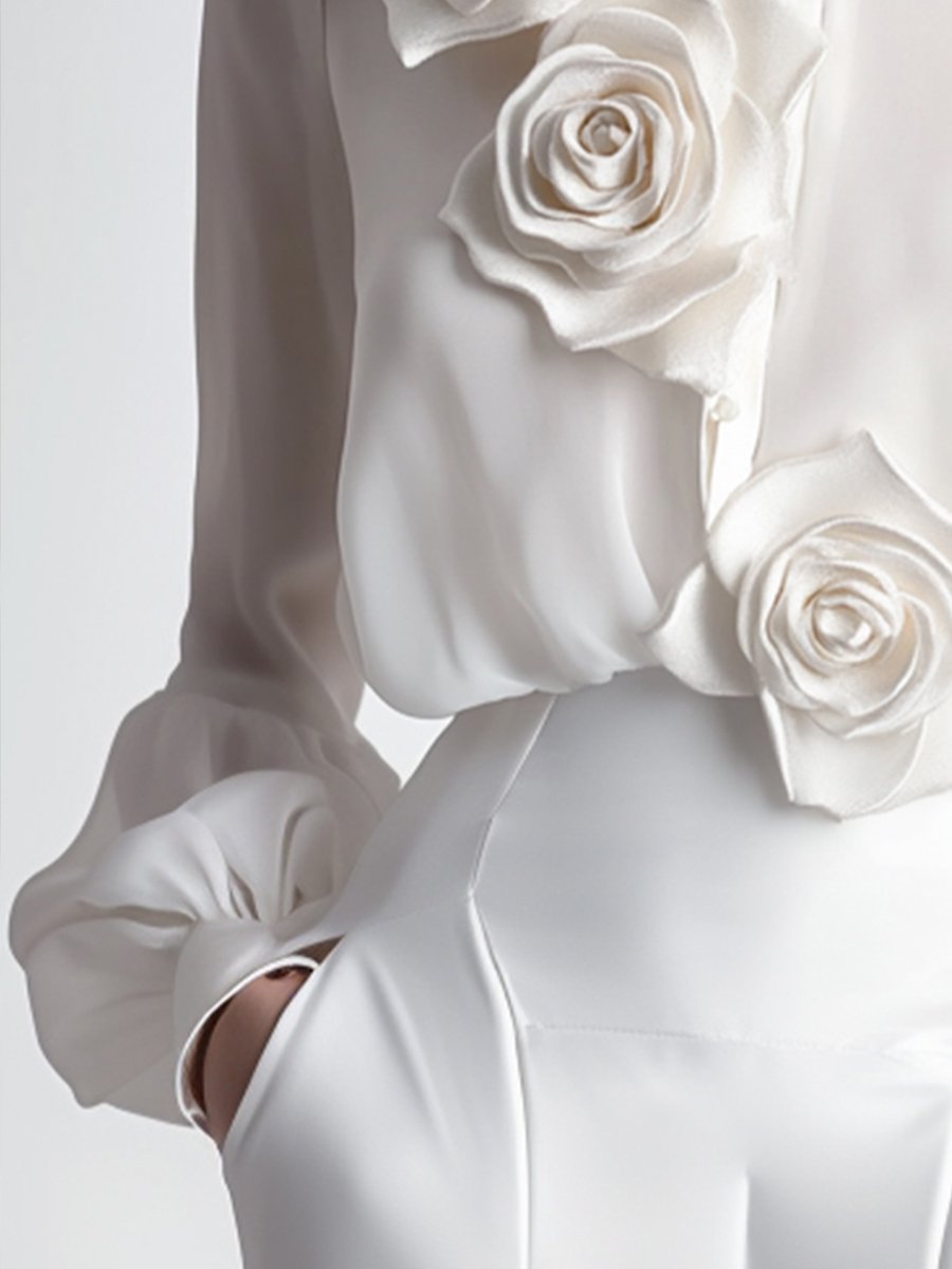 Chemisier Blanc Élégant | Détails de Roses 3D