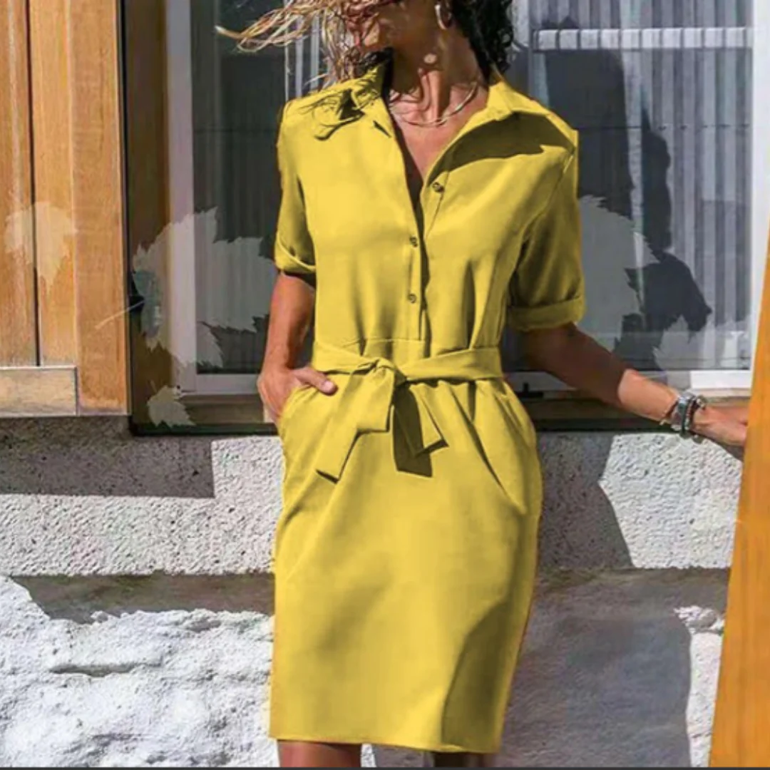 Robe chemise chic midi à manches longues pour femme, parfaite pour l’été avec un style élégant et un tissu léger.