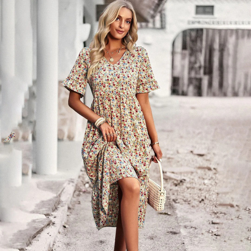 Robe d'été midi pour femme, à imprimé floral et style chic, idéale pour les journées estivales