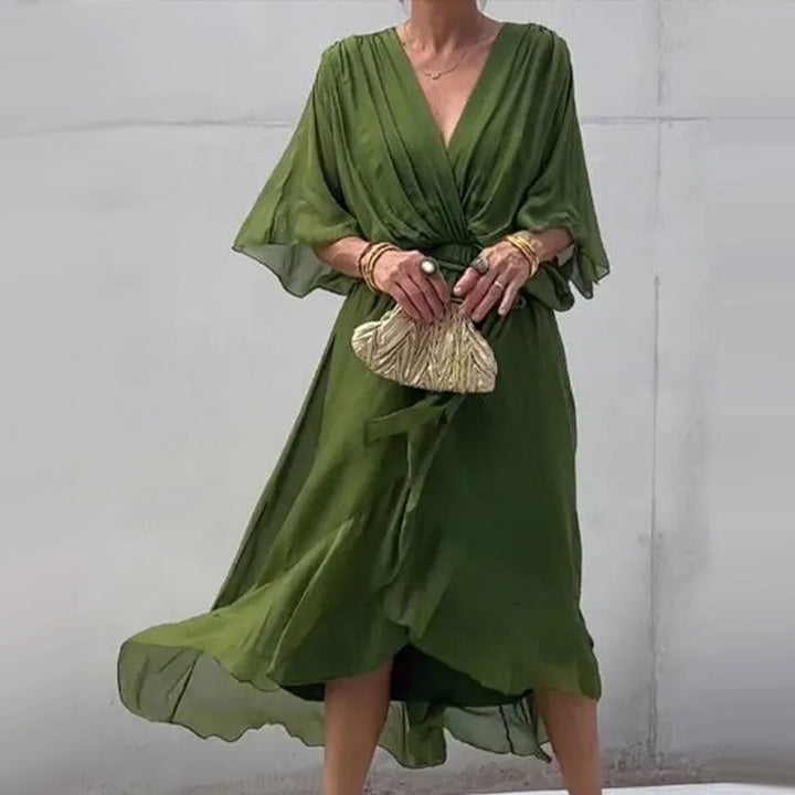 Robe Ceinturée Élégante Col V Pour Femme | Midi