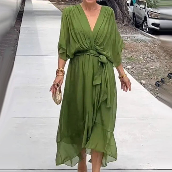 Robe Ceinturée Élégante Col V Pour Femme | Midi