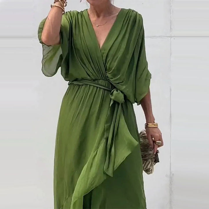 Robe Ceinturée Élégante Col V Pour Femme | Midi