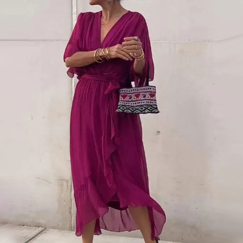 Robe Ceinturée Élégante Col V Pour Femme | Midi
