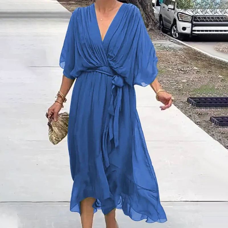 Robe Ceinturée Élégante Col V Pour Femme | Midi