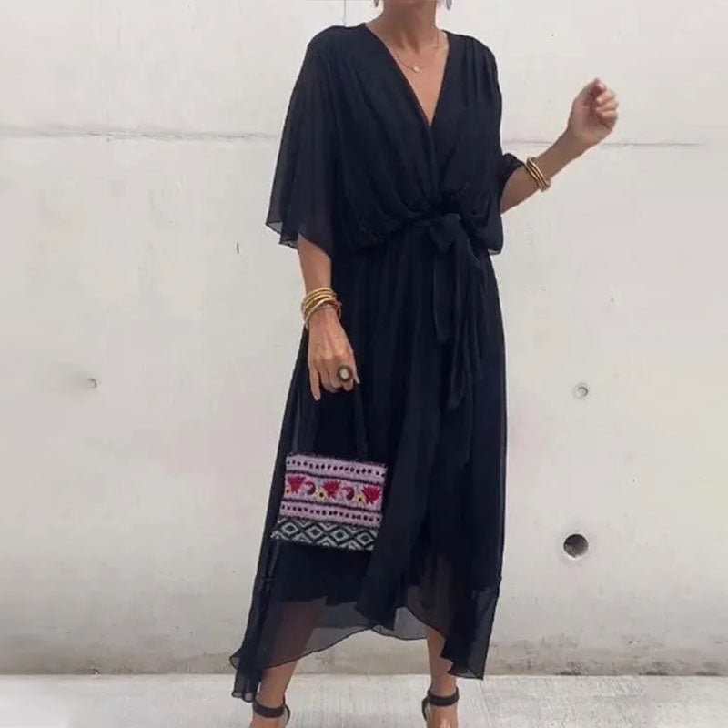 Robe Ceinturée Élégante Col V Pour Femme | Midi