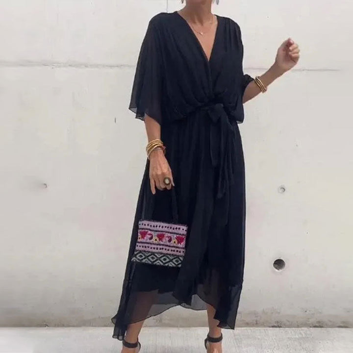 Robe Ceinturée Élégante Col V Pour Femme | Midi