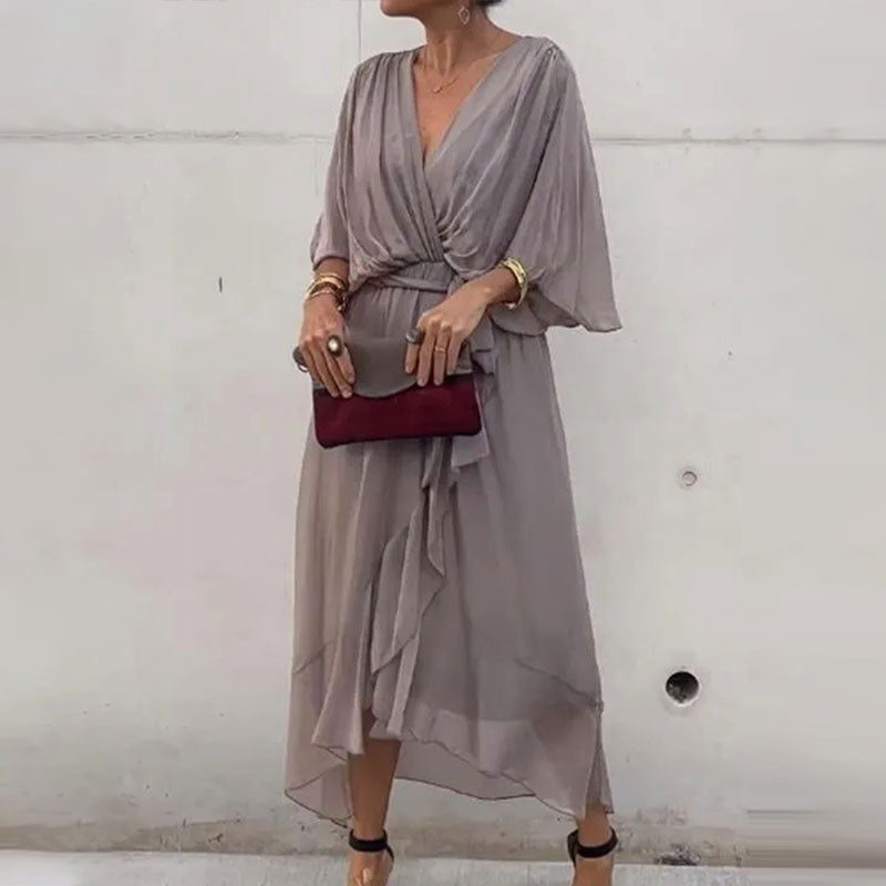 Robe Ceinturée Élégante Col V Pour Femme | Midi