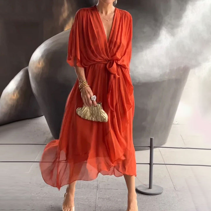 Robe Ceinturée Élégante Col V Pour Femme | Midi