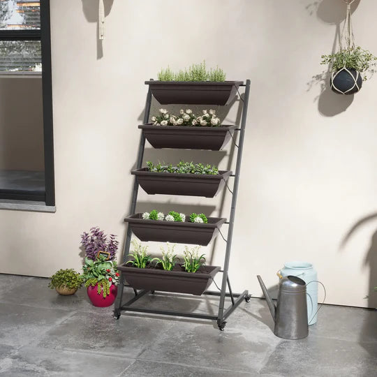 Jardinière Verticale à 5 Niveaux | 5 Bacs | Roulettes | Extérieur | Marron