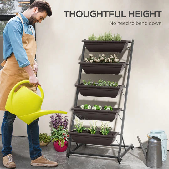 Jardinière Verticale à 5 Niveaux | 5 Bacs | Roulettes | Extérieur | Marron