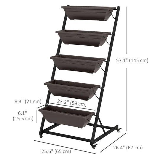 Jardinière Verticale à 5 Niveaux | 5 Bacs | Roulettes | Extérieur | Marron