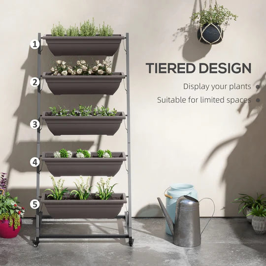 Jardinière Verticale à 5 Niveaux | 5 Bacs | Roulettes | Extérieur | Marron
