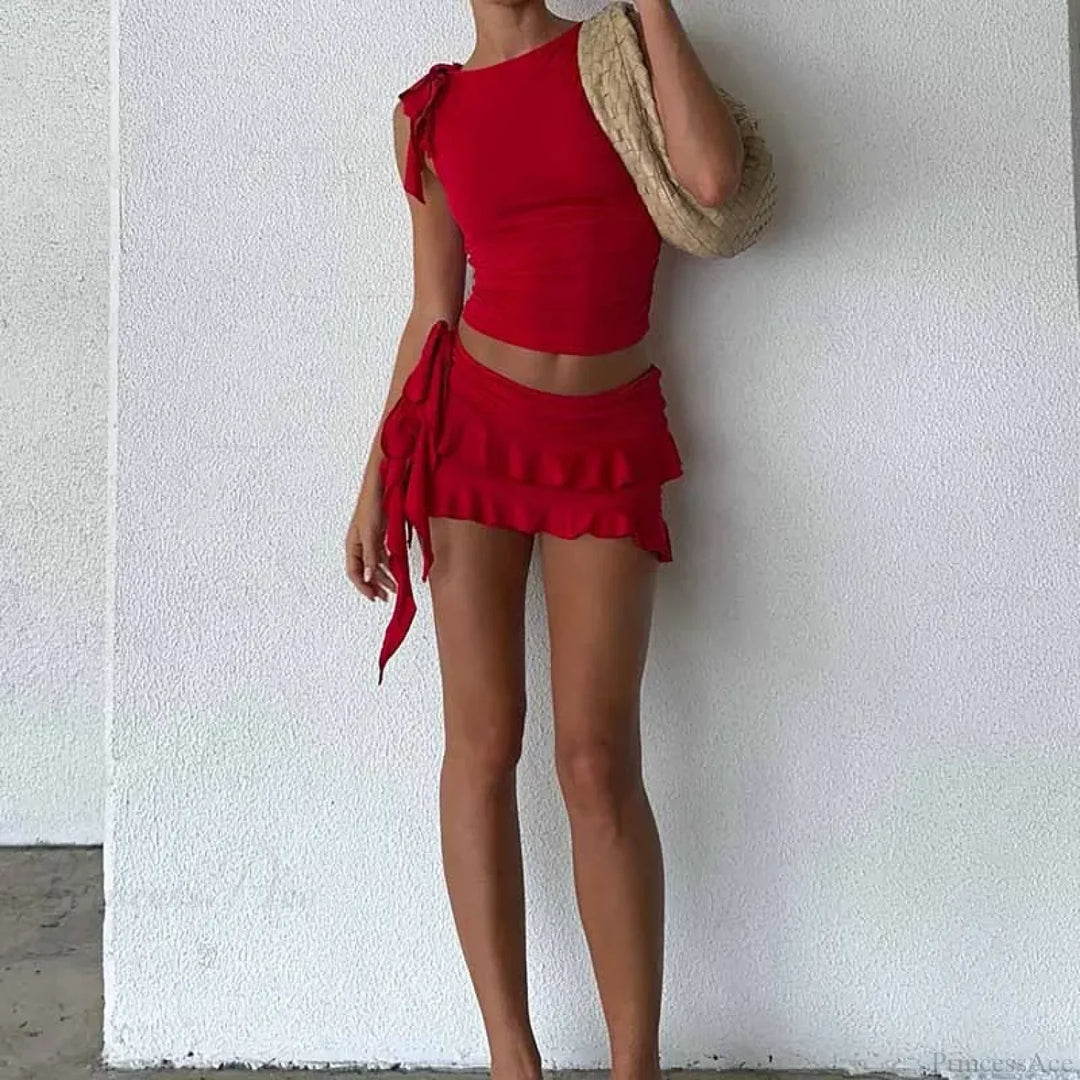 Ensemble deux pièces pour femme crop top à volants et mini-jupe