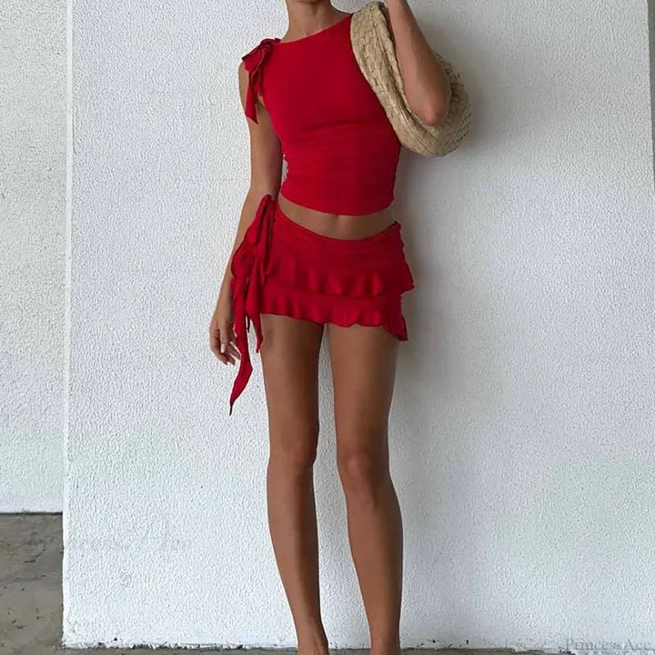 Ensemble deux pièces pour femme crop top à volants et mini-jupe